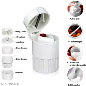 Compact 4-in-1 pill cutter, crusher, grinder, and storage container—ideal for easy medication management at home or on the go.