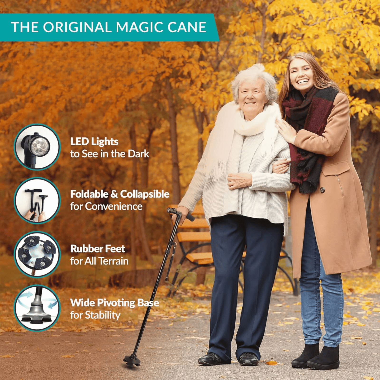 Foldable Walking Stick with LED Light Adjustable Cane - Image 3
