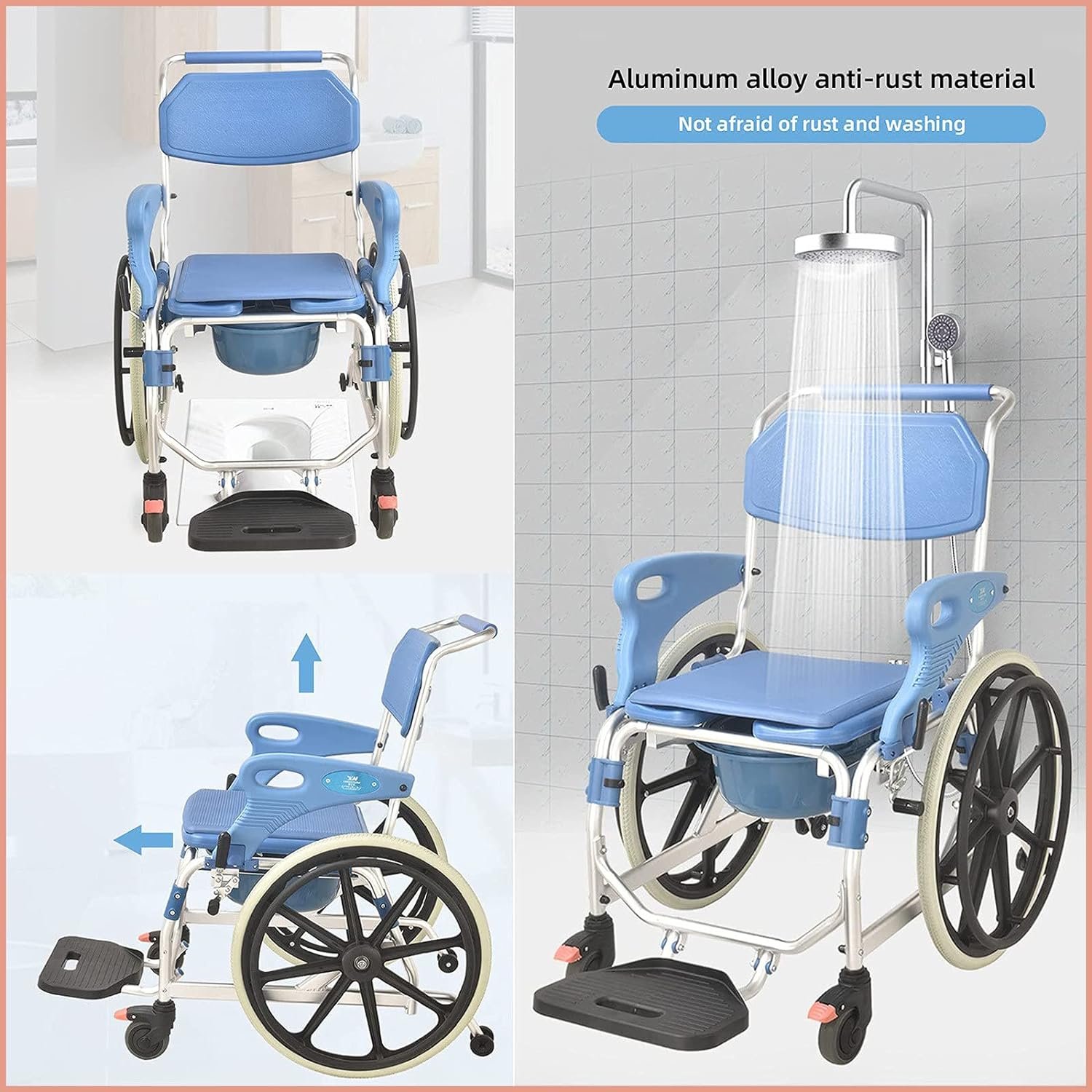 Commode Wheelchair 3-in-1 – Shower, Toilet & Mobility Chair (Anti-Rust, 150kg Capacity) - Image 2
