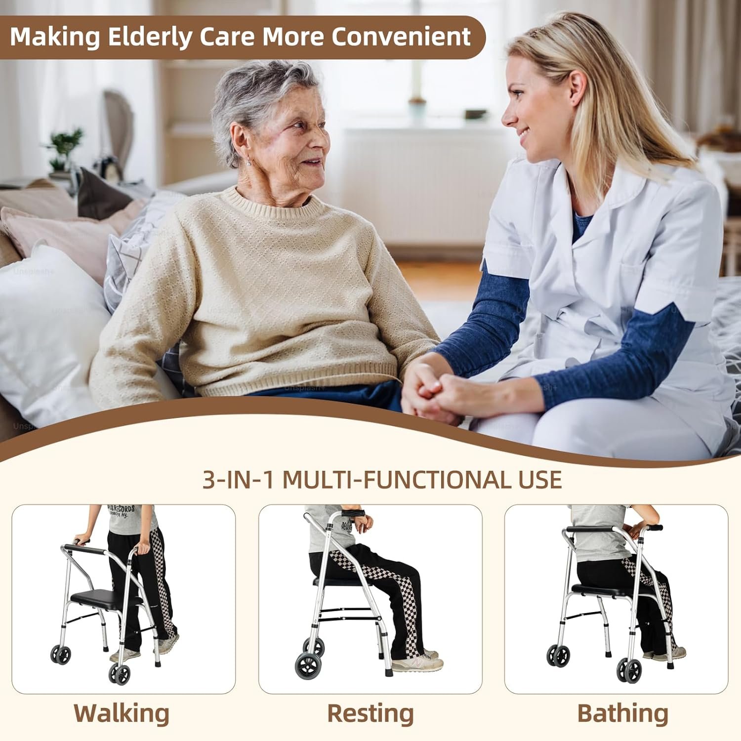 Wheeled Walker with Seat Aluminum Adjustable Mobility Walker - Image 2