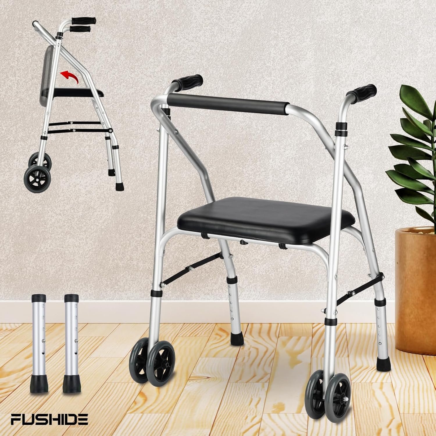 Wheeled Walker with Seat Aluminum Adjustable Mobility Walker - Image 3
